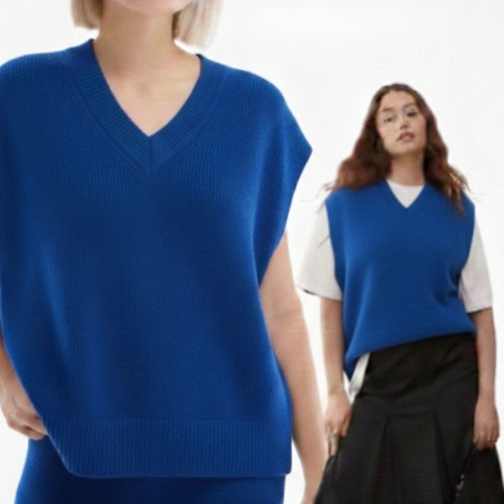 Anthropology Oversized Cobalt Blue Rib Knit V Neck Vest One Size